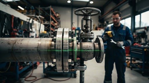 Precision laser-guided industrial pipe flange alignment and heavy valve maintenance
